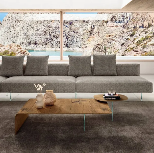 Tavolino lavorato artigianalmente in legno di Rovere centenario e vetro Lean di Lago