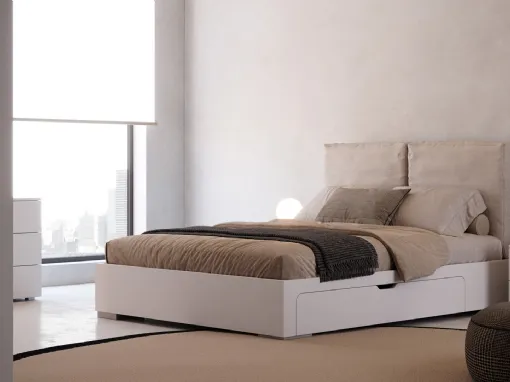 Letto contenitore Scrigno in laccato opaco con testiera in tessuto imbottito di Giessegi