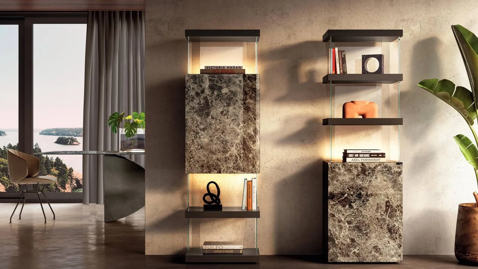 Libreria di design Air 2682 in vetro effetto marmo di Lago