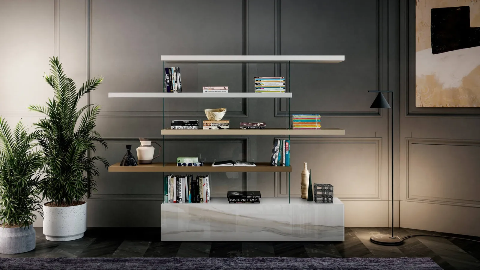 Libreria divisoria Air 0633 con base in vetro e mensole laccate di Lago