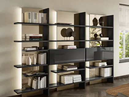 Libreria modulare da parete Pentagram 1457 in laccato lucido con luci a led integrate di Lago