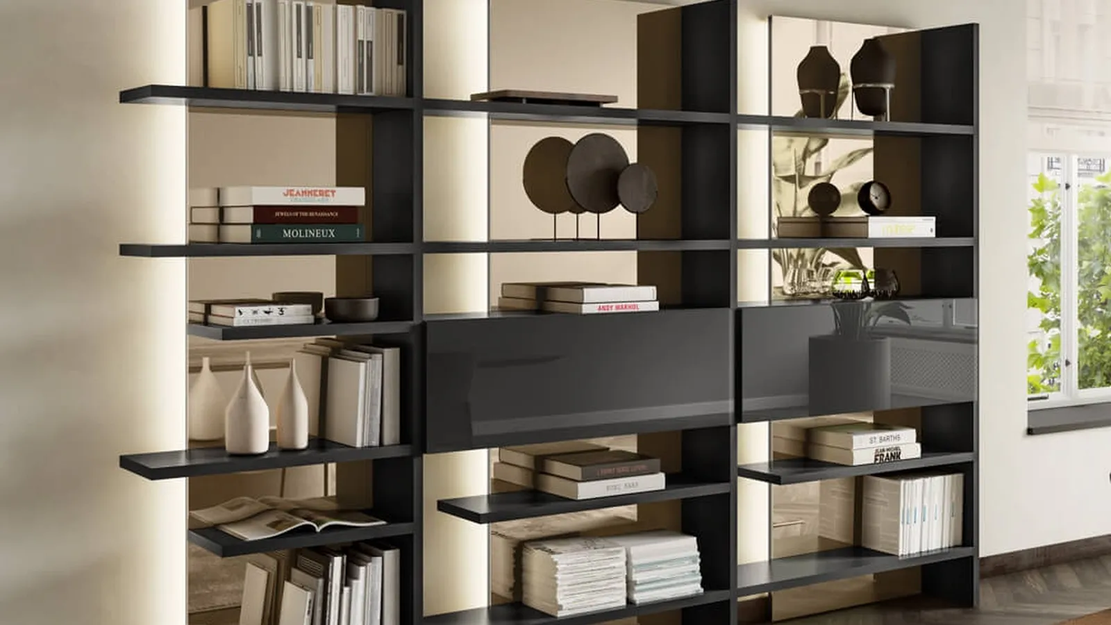 Libreria modulare da parete Pentagram 1457 in laccato lucido con luci a led integrate di Lago
