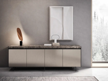 Madia Bluna Tech in finitura alluminio champagne e top in gres di Binova