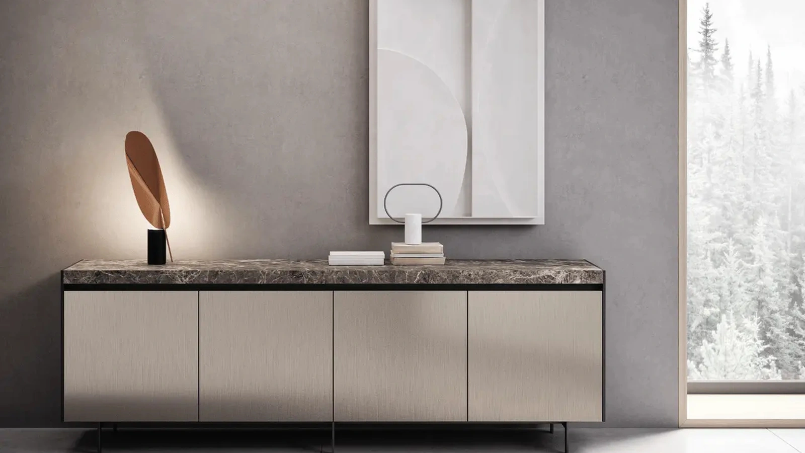 Madia Bluna Tech in finitura alluminio champagne e top in gres di Binova