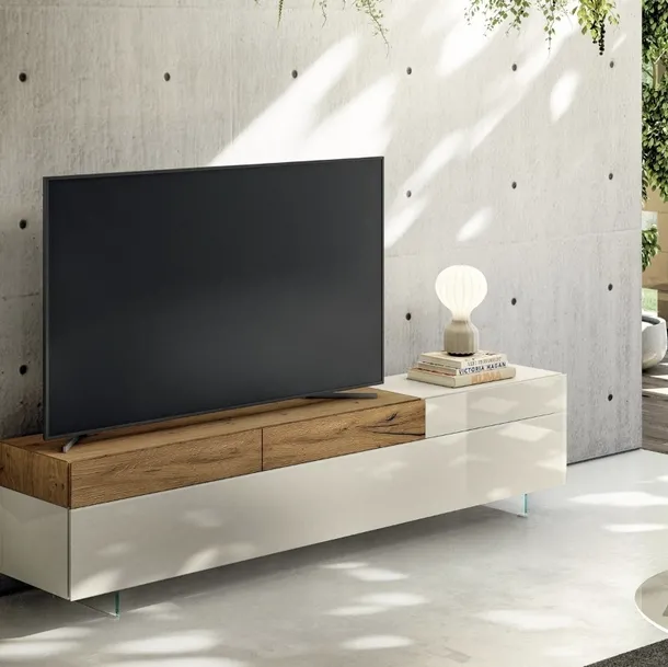 Mobile Porta Tv 36e8 2657 in vetro lucido e legno di Lago