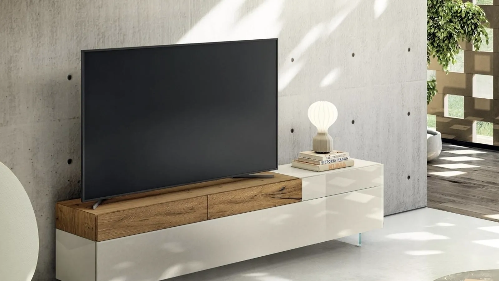 Mobile Porta Tv 36e8 2657 in vetro lucido e legno di Lago