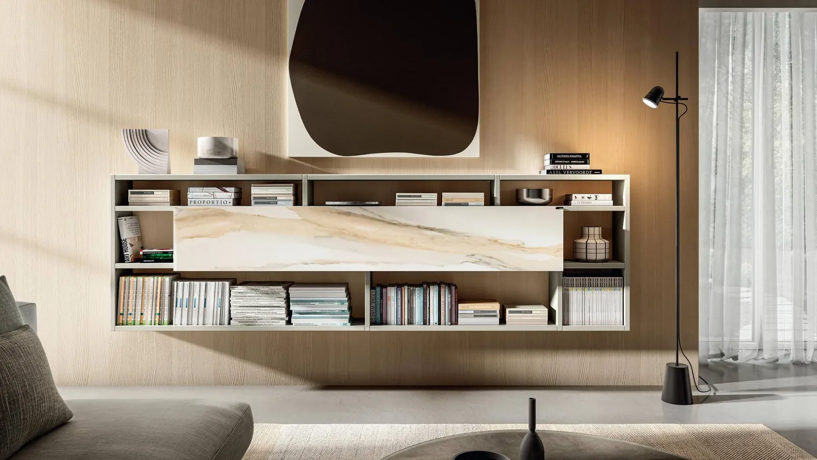 Mobile sospeso Home Office 1215 in laccato e vetro di Lago