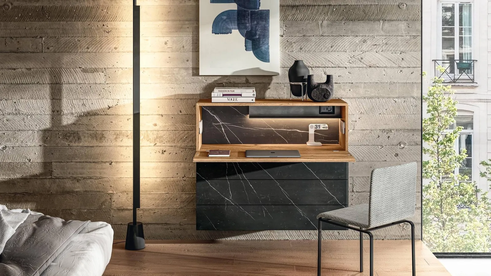 Mobile sospeso Home Office 1275 in vetro con piano scrittoio in legno di Lago