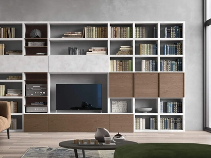 Parete Attrezzata Sistema Spalla Comp SA2222 in melaminico cemento Grigio e impiallacciato Nocciola di Maronese