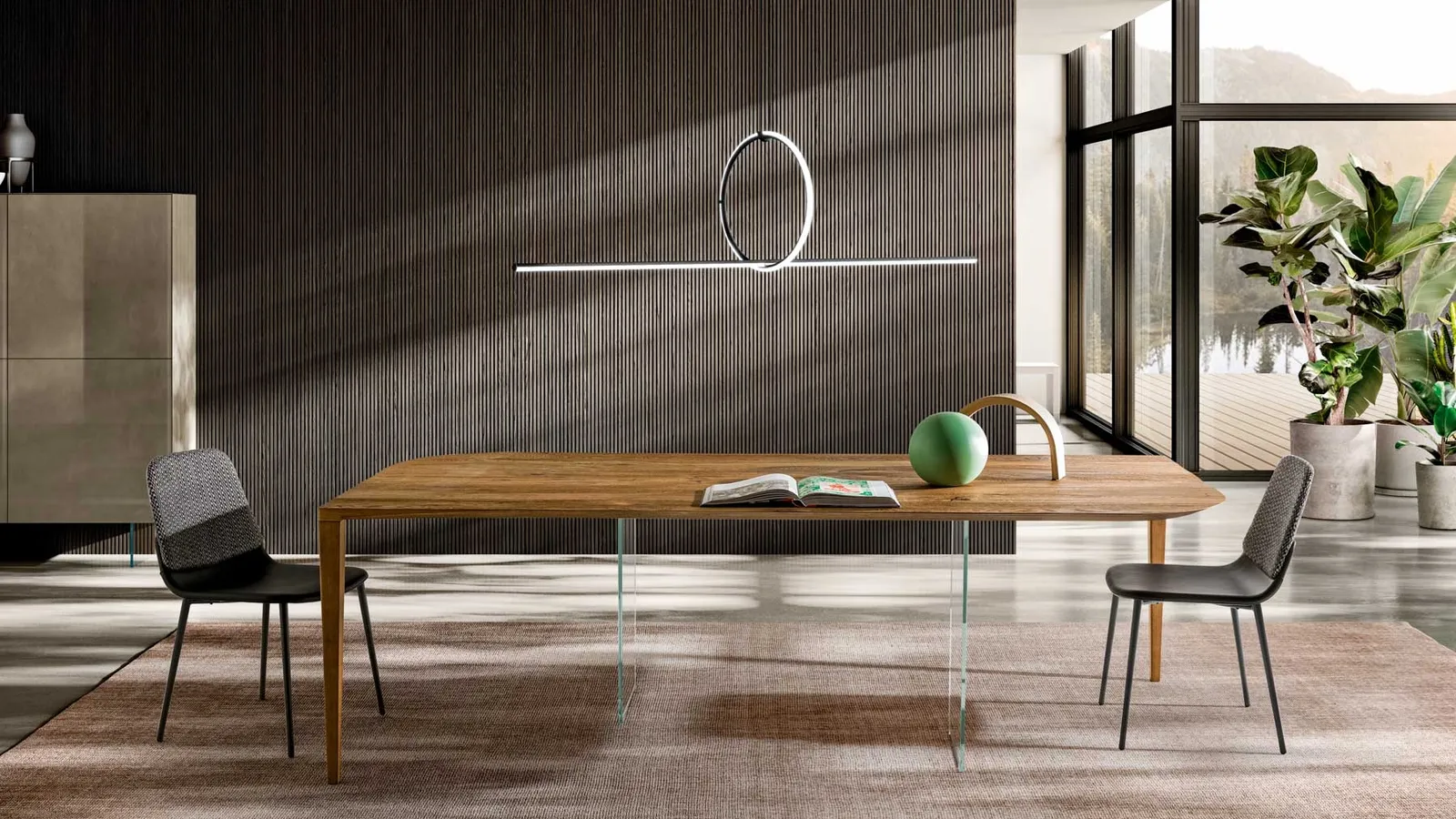 Tavolo P&J 2455 in legno scuro con base in vetro e legno di Lago