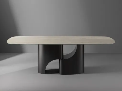 Tavolo Taijitu con piano in marmo e base in metallo di Bonaldo