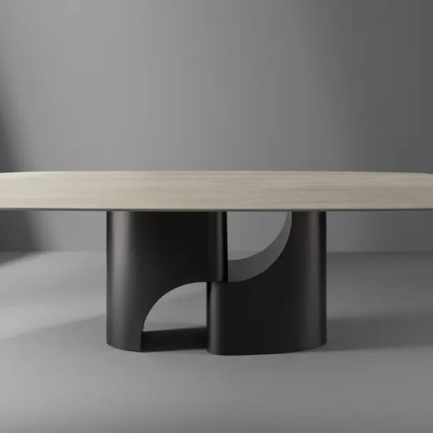 Tavolo Taijitu con piano in marmo e base in metallo di Bonaldo