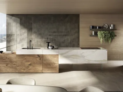 Cucina Design con isola 36e8 Project 2810 in vetro effetto marmo e legno di Lago