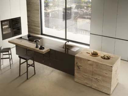 Cucina Design con isola 36e8 Project 2816 in vetro e legno di Lago