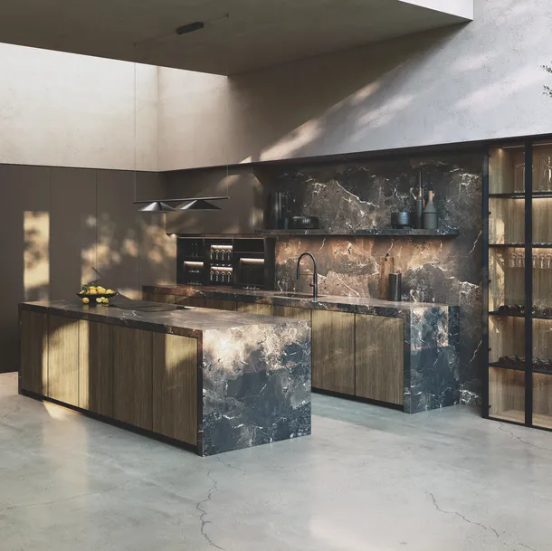 Cucina Design con isola Avola in legno e gres di Binova