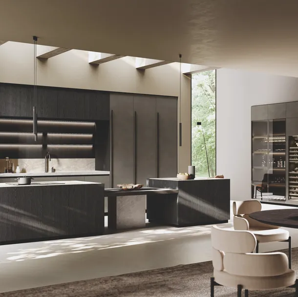 Cucina Design in laccato Metal con isola Bluna Legno Rigato di Binova