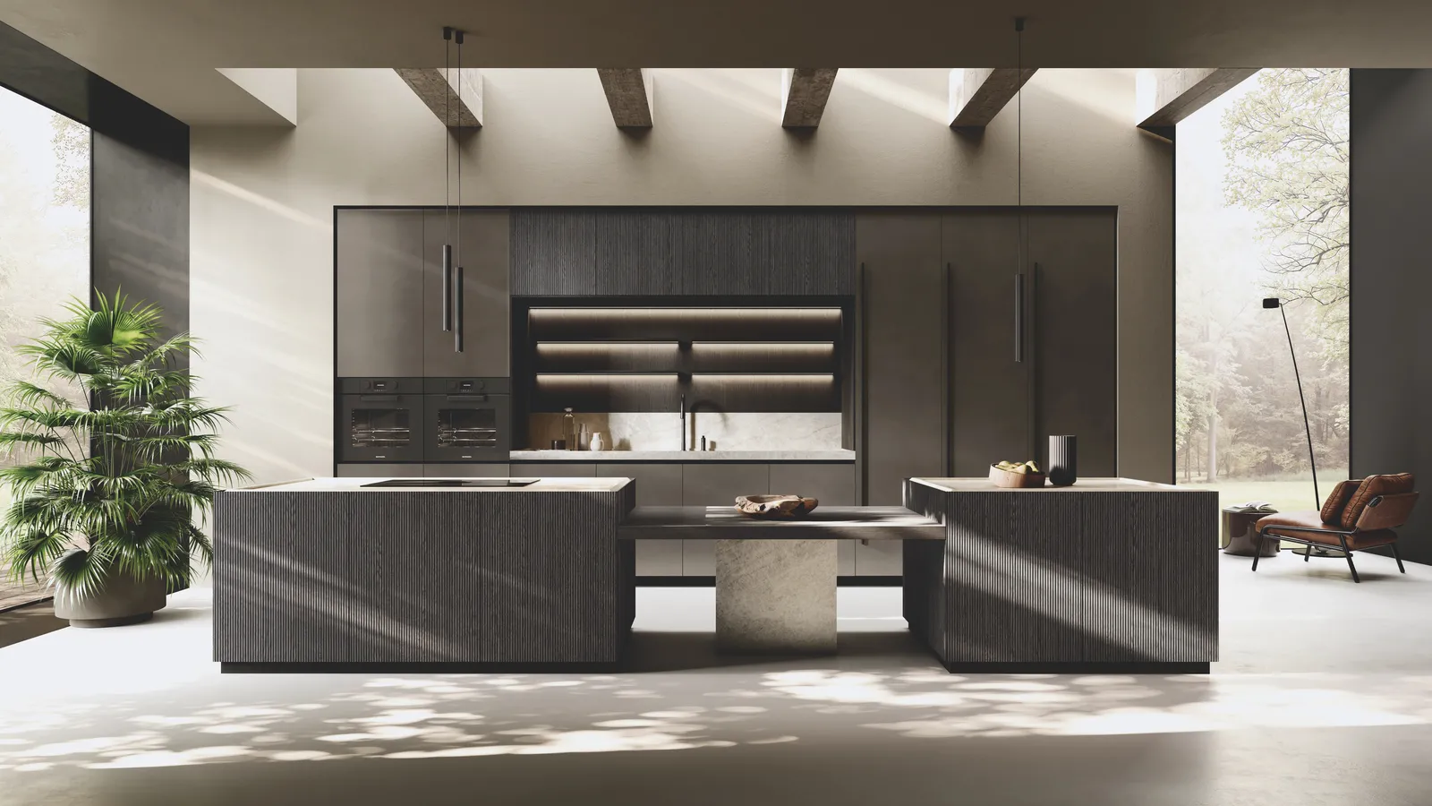 Cucina Design in laccato Metal con isola Bluna Legno Rigato di Binova