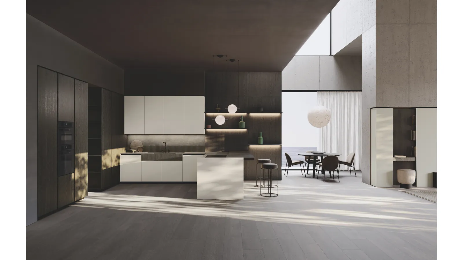 Cucina Design con penisola Bluna Tech Opaco in laccato e bilaminato legno Rovere di Binova