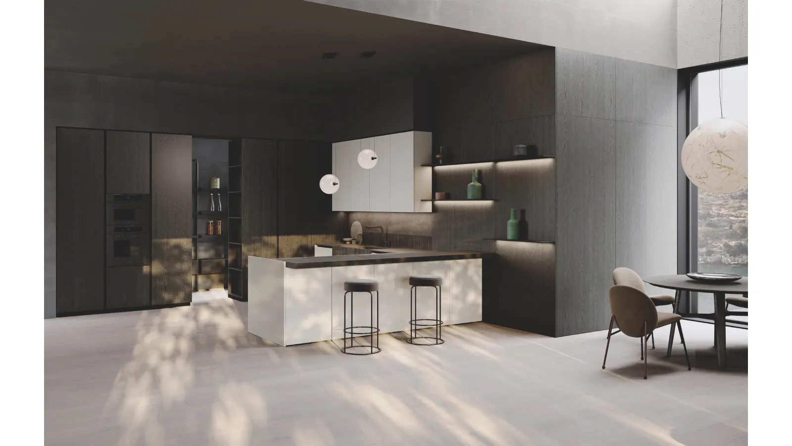 Cucina Design con penisola Bluna Tech Opaco in laccato e bilaminato legno Rovere di Binova