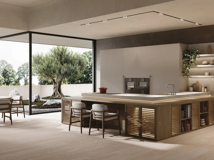 Cucina Design con penisola Bluna + Zen in alluminio e noce di Binova