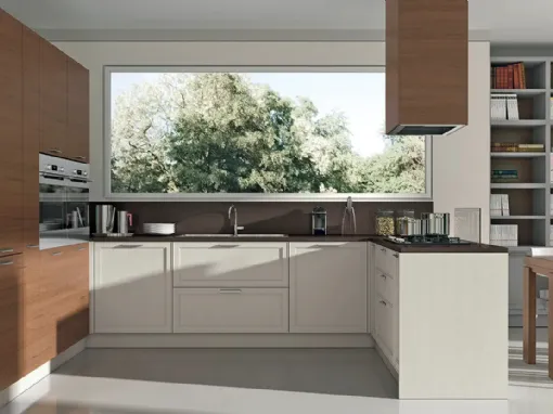 Cucina Moderna con penisola bicolore in laccato bianco opaco e legno naturale Melograno composizione 05 di Le Fablier