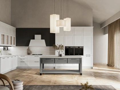 Cucina Moderna angolare Meg 03 in polimerico bianco e laccato fossile di Arredo3