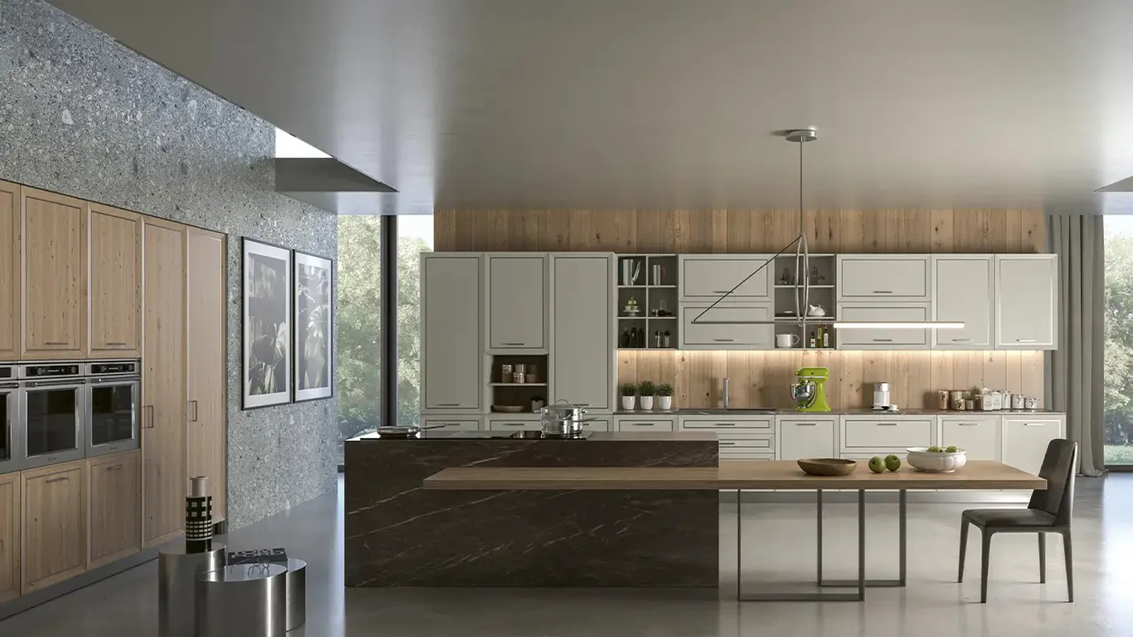 Cucina Moderna in legno laccato con isola in gres Melograno Olimpica di Le Fablier