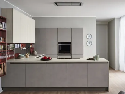 Cucina Moderna Start-Time Presa 06 con penisola in finitura Graffiato scuro e Play Rovere chiaro di Veneta Cucine